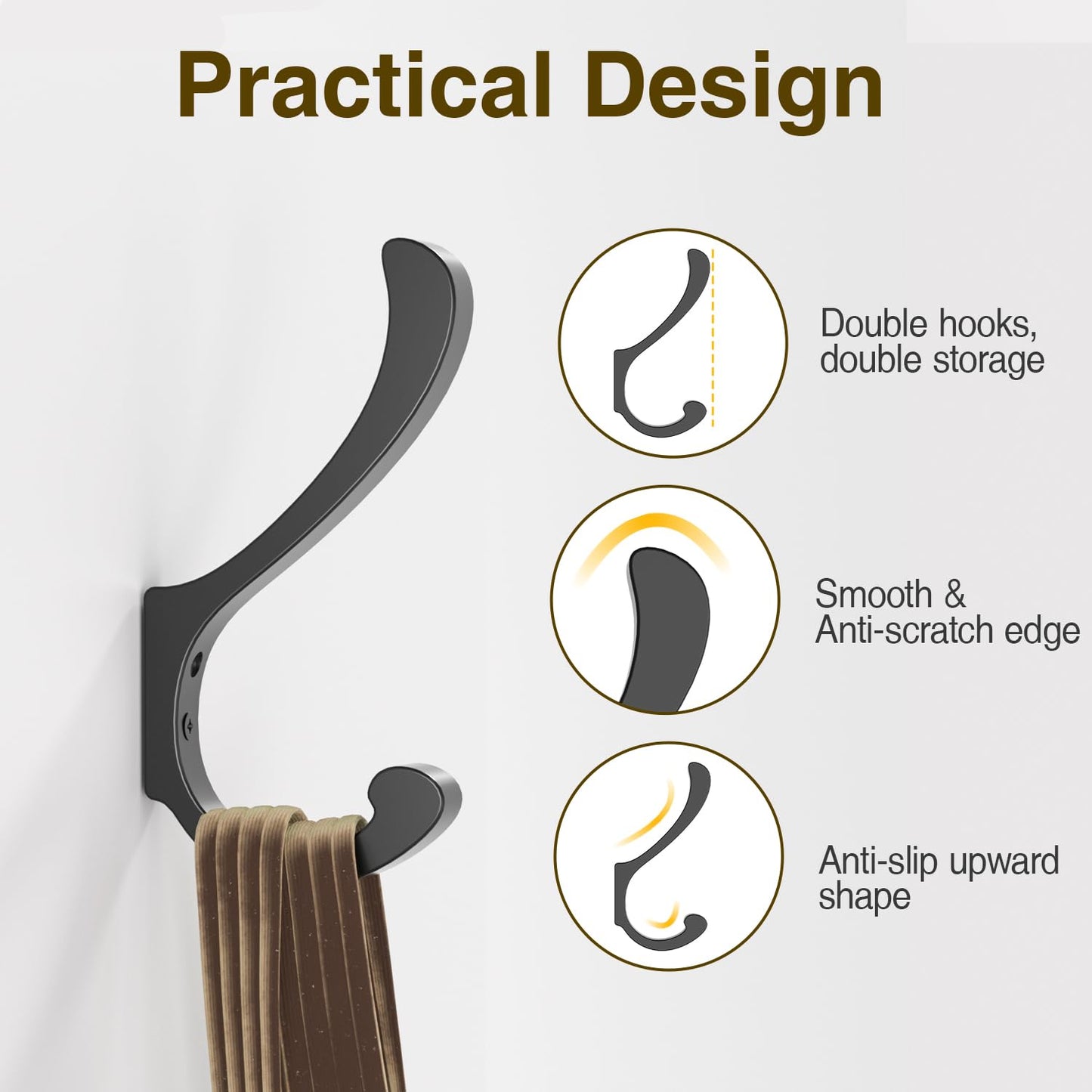 Hanging Coat Hooks Wall Mount - Heavy Duty (30LB), Large Coat Hanger Wall Hangers, Metal Hooks For Towels, Backpacks, Hats, Jackets, Keys, Bags, Robes, Dog Leashes (6 Pack)