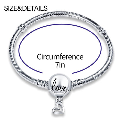 KUNSIR 925 Sterling Silver Snake Chain Bracelet with Love Round Buckle Charm Bracelets for Women Teen