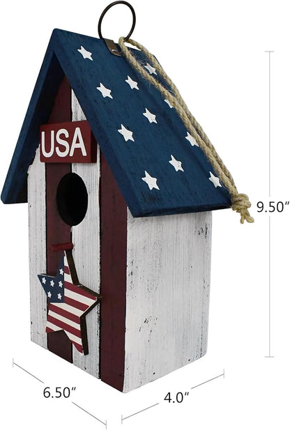 Linfevisi Wooden Patriotic Bird House Bluebird Nest Box American Flag Birds Boxes Home Wood Birdhouses Hanging Outdoor Decorative for Wren Finch Chickadee Sparrows Cardinals Tree July 4th(A)