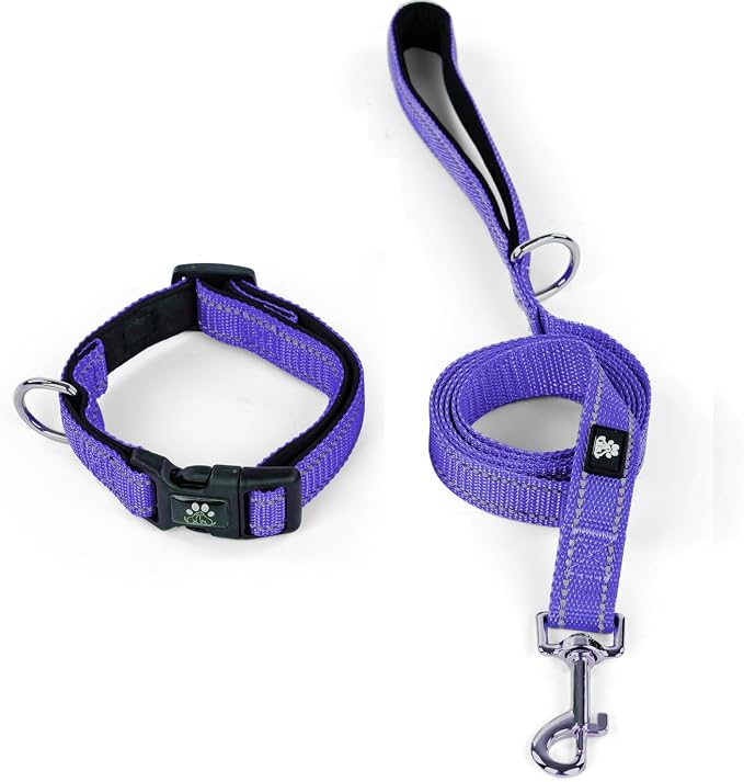 IVY&LANE Reflective Dog Collar and Leash Set,Adjustable Neoprene Padded Dog Collars for Puppy, Breathable Nylon Pet Collar for Small Medium Large Dogs(Small,Purple)