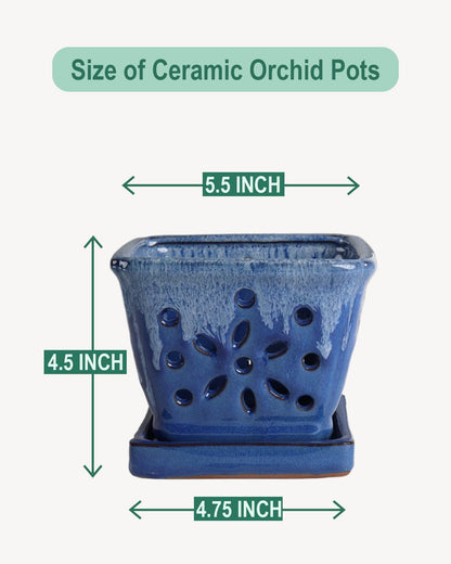 vensovo 5.5 Inch Orchid Pot with Holes Rectangular for Repotting, Ceramic Orchid Planter Indoor/Outdoor Use with Enhanced Airflow & Drainage, Blue