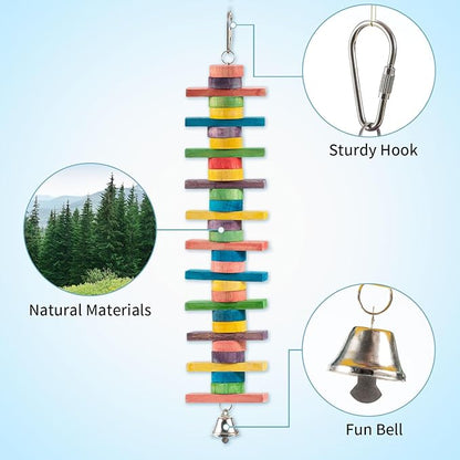 2 PCS 14.37" Multicolored Bird Toys - Stress Relief Chew Parrot Toys, Natural Wooden Blocks, Hanging Bird Cage Accessories, for Parakeets, Cockatiels, Conures, Budgies, Lovebirds