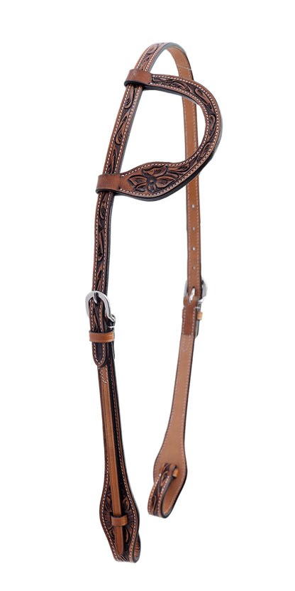 Majestic Ally Horse Headstall, Natural, Super Leather, Antique, Tooling, Quick Bit Change Western Headstall (Single Ear, Full)