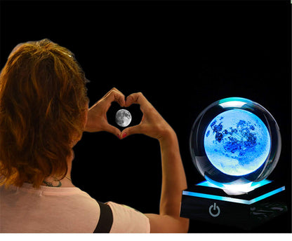 Qianwei 3D Moon Model Crystal Ball Led Lamp Base - Space Decor World Globe Planets Sphere Night Light 80mm 3.15 Inch - Solar System Decor Best Birthday Astronomy Gifts for Men Physics Science Teacher