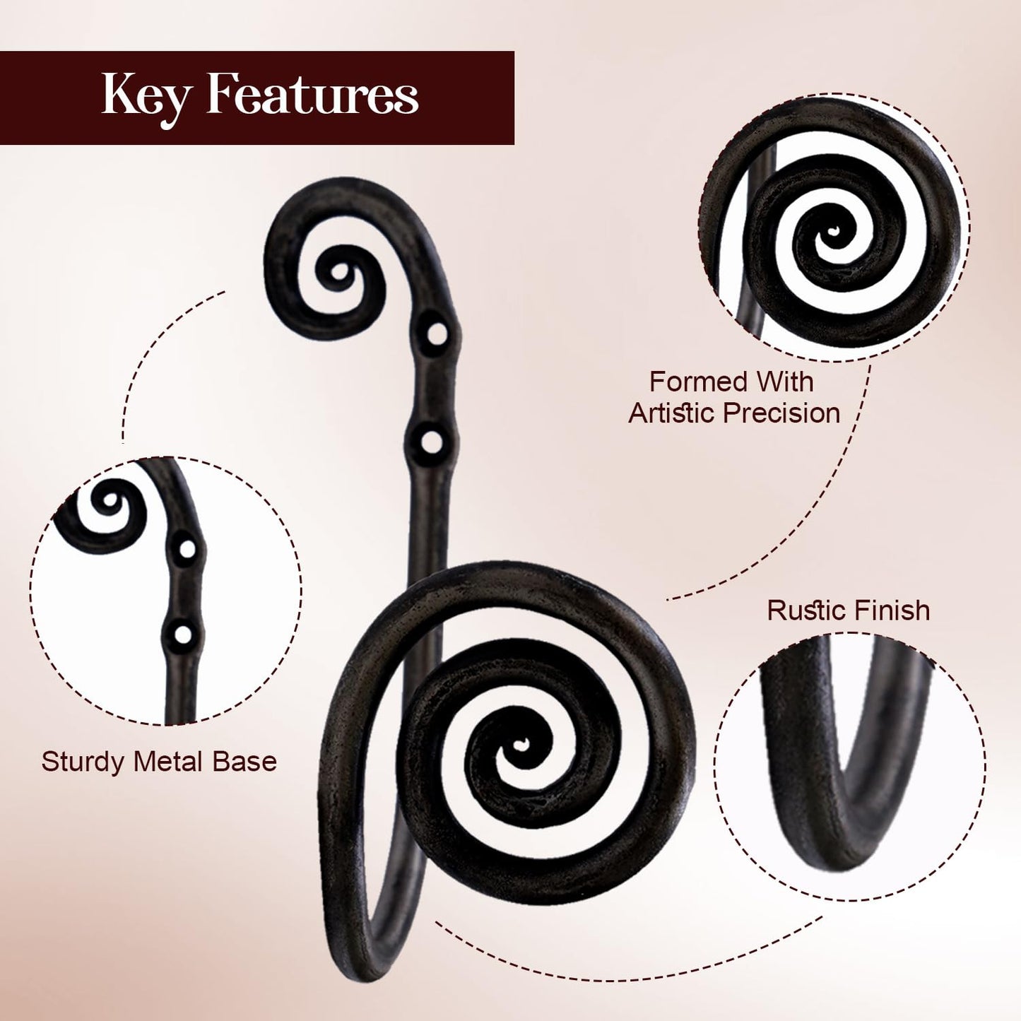 THDC Sturdy Wrought Iron Wall Mounted Curtain Holdbacks (Pack of 2) - Curtain Holders for Living Room, Bedroom, Kitchen, Office (Swirl Black)