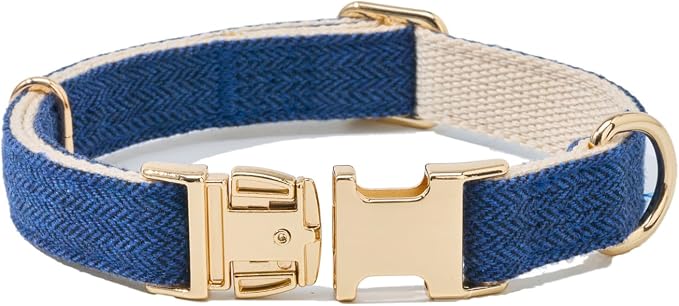 Soft Cotton Hemp Dog Collar with Metal Buckle Adjustable Tweed Dog Collars for Small Medium Large Dogs(Royal Blue,Large)