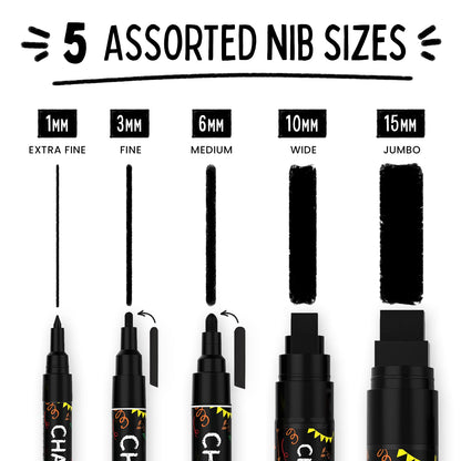 5 Black Chalkboard Chalk Markers - Black Dry Erase Markers for Blackboard, Chalkboard Signs, Windows, Glass | Variety Pack - Fine & Jumbo Size Ink Pen (1mm, 3mm, 6mm, 10mm, 15mm)