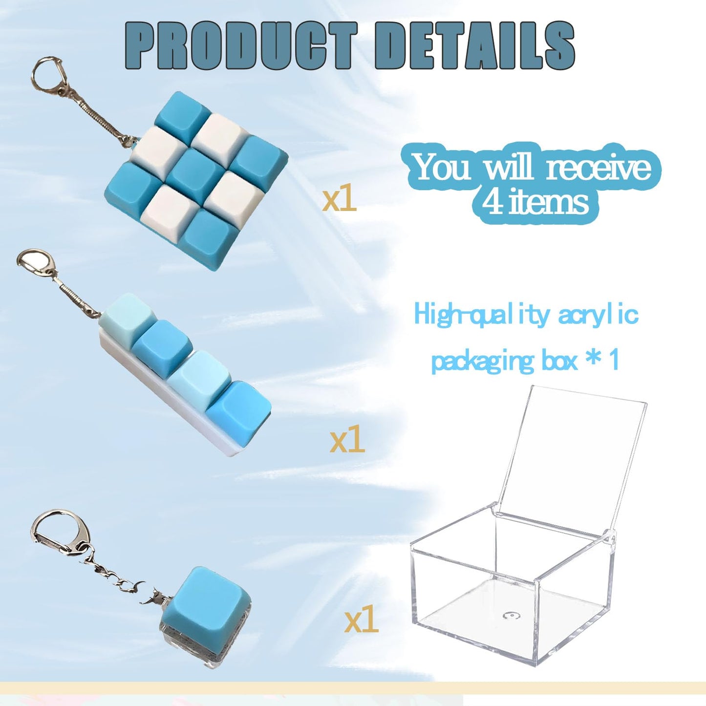 3 Pcs Keyboard Fidget Clicker Stress Relief Toys Keychain– Button Press Fidget Set for Stress Relief & Relaxation (9 Keys + 4keys + 1key Blue White)