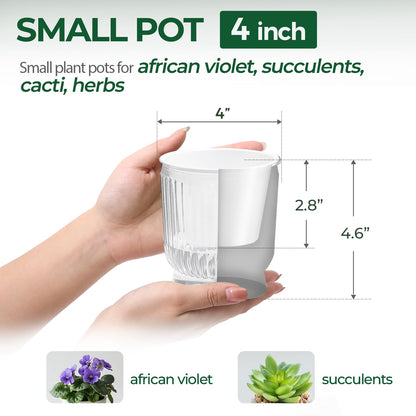 T4U 4 Inch Self Watering Plant Pot, 4 Pack Self Watering Pots, Self Watering Planter with Reservoir, Clear Self Watering Pots for Indoor Plants, African Violets, Flowers (4 Pack, 4", Clear)