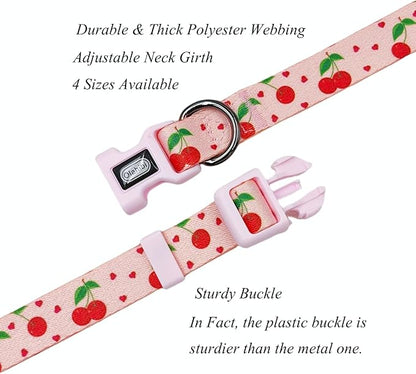 Dog Collar Leash Set, Fruit Pattern, Polyester Material, Adjustable Collar and 5ft Matching Leash, for Puppy Dogs.(XS, Pink Cherry)