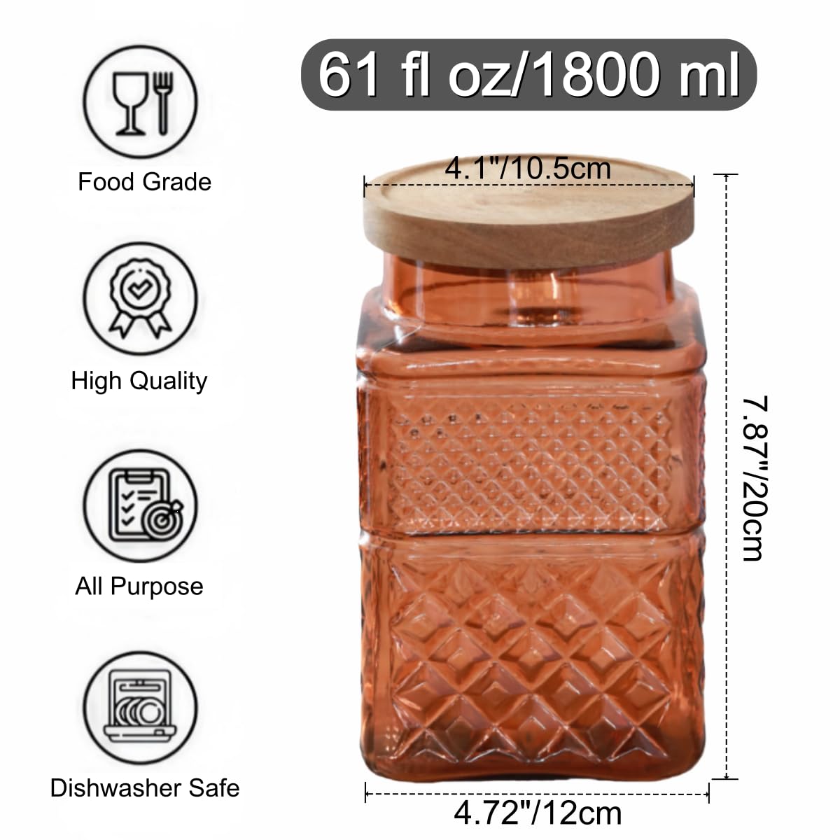 ANSQU Square Glass Canister, 61oz Candy Jar with Lid, Glass Food Storage Containers for Ground Coffee, Tea, Sugar, Decorative Mason Jar Cookie Jars (Amber)