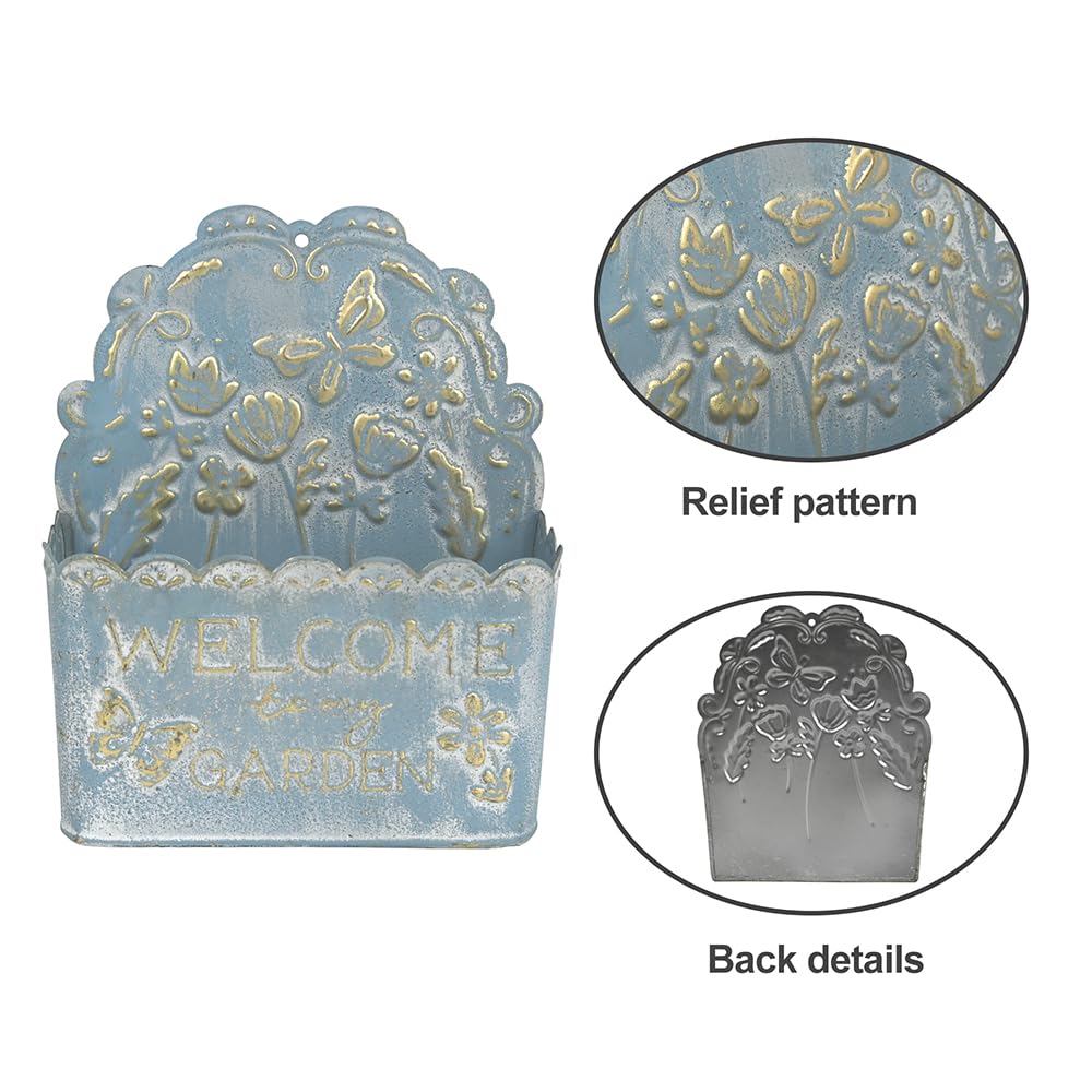 Chadechimo Decorative Hanging Wall Basket Shabby Chic Wall Planter for Indoor Planters Decor Blue Wall Planter Holder Metal Hanging Planter Wall Mounted Planter for Farmhouse Garden Wall Decor