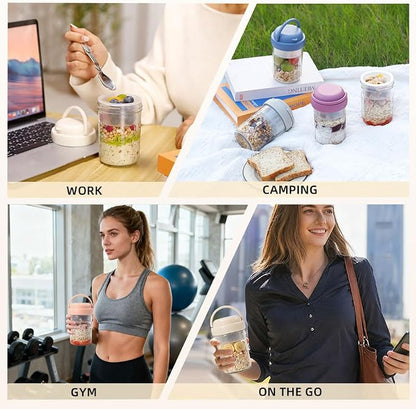 UWILLION 4 Pack Overnight Oats Containers with Handles, 16 oz Glass Mason Jars with Lids, Folding Spoons & Topping Compartments, Yogurt Parfait Cups for Weekly Meal Prep, Chia Pudding & Snacks