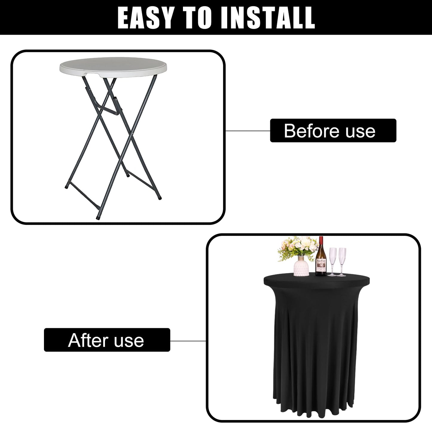 Spandex Cocktail Table Skirt 32"x 43" Black Stretch Cocktail Table Cover, Washable Round High Top Tablecloth for Bar, Wedding, Party, Events (Black)
