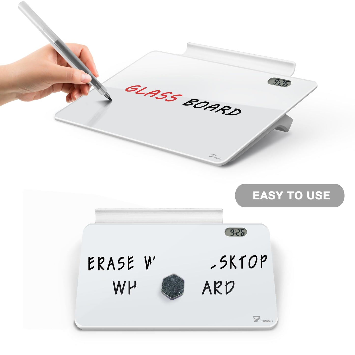 Small Glass Desk Whiteboard Dry-Erase Board with Clock, Small Travel Clock Keychain with Desk Notepad, Time Table Whiteboard for Desk Digital LED Light Display, 8x6 in with Accessories, White