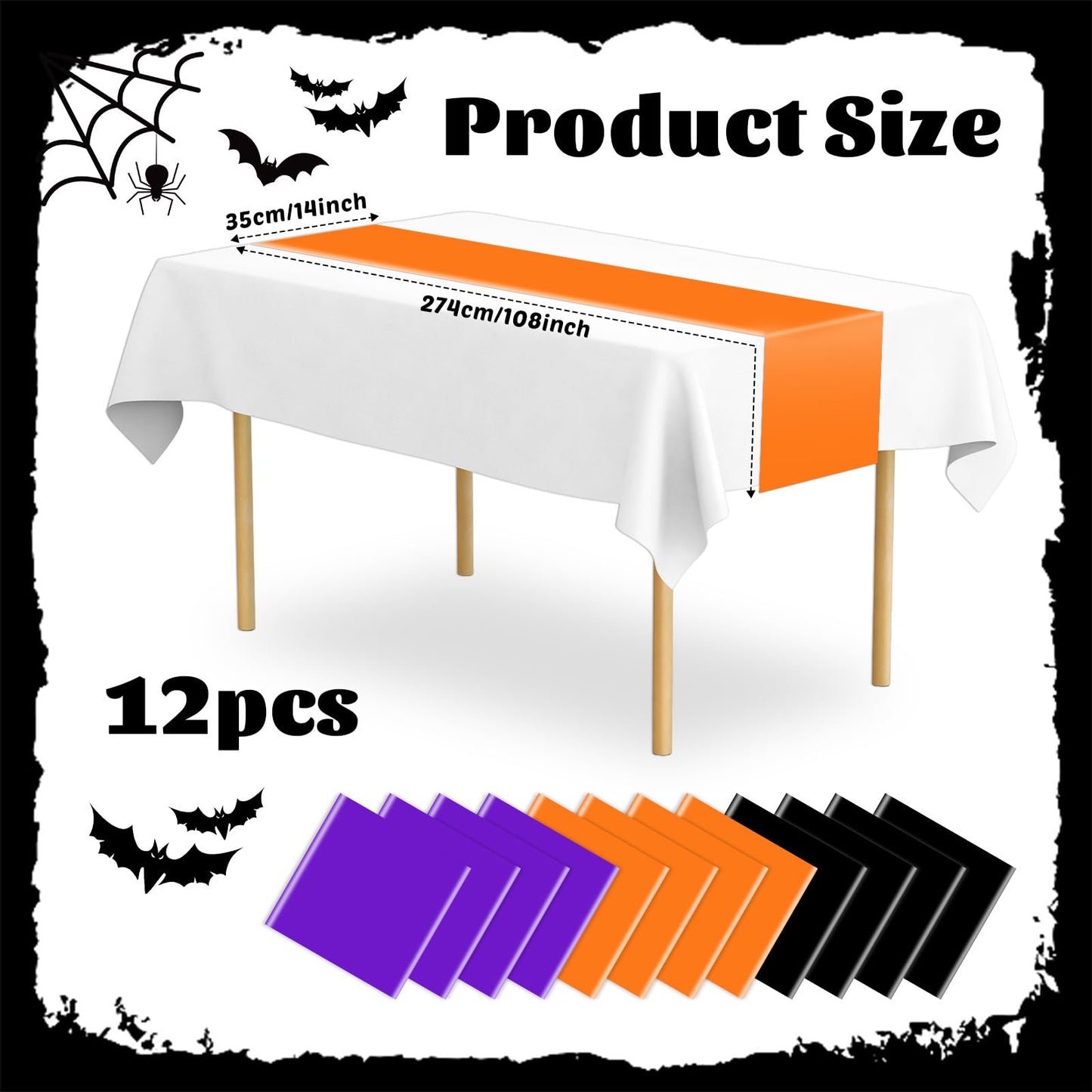 12 Pack Plastic Table Runners 14 x 108in Orange Black Purple Long Table Runner Disposable Tables Runners for Dinner Banquet Tables Decor Wedding Birthday Halloween Witch Vampire Party Decor