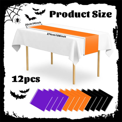 12 Pack Plastic Table Runners 14 x 108in Orange Black Purple Long Table Runner Disposable Tables Runners for Dinner Banquet Tables Decor Wedding Birthday Halloween Witch Vampire Party Decor