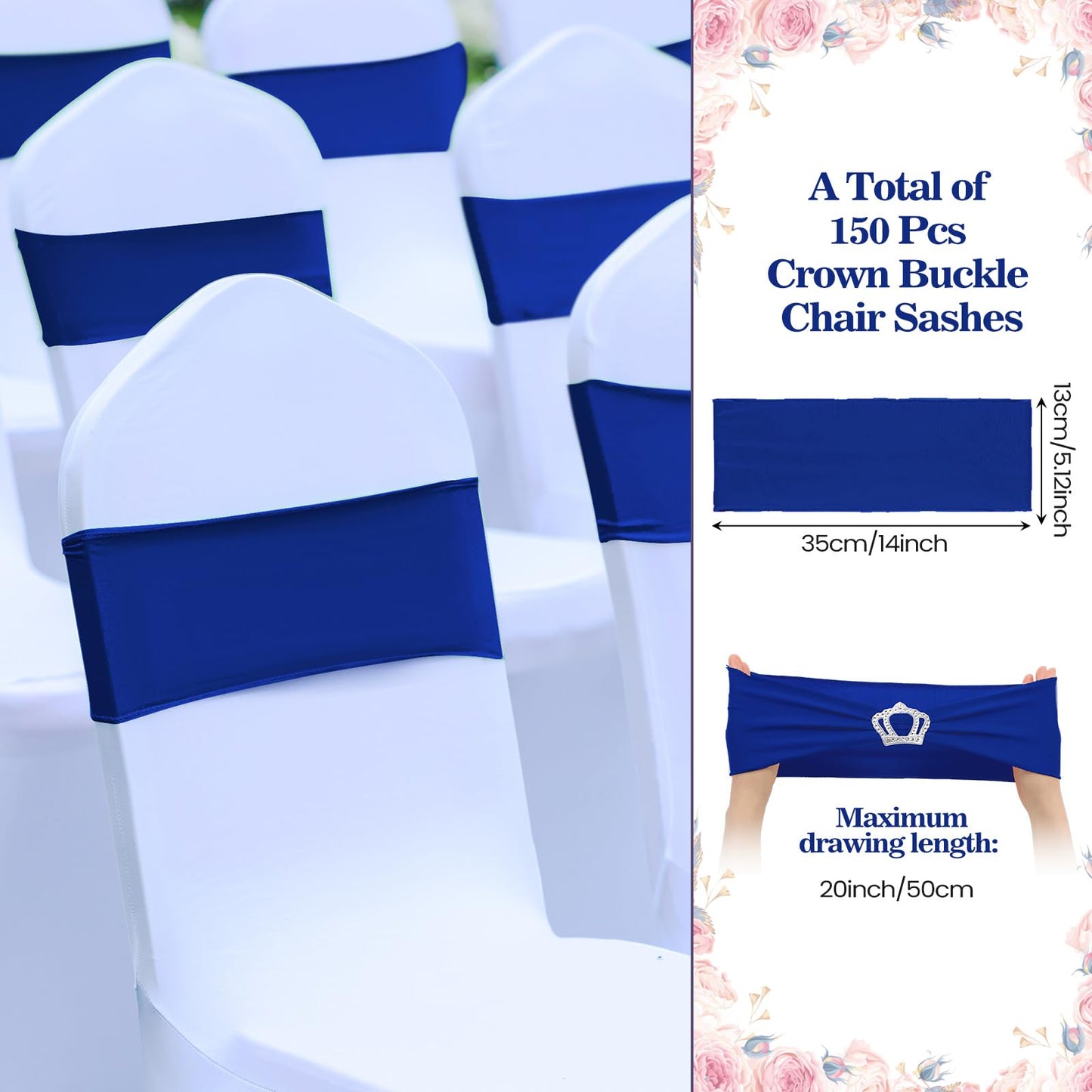 Cinnvoice 150 Pcs Spandex Chair Sashes Stretch Chair Covers with Crown Buckle Elastic Chair Bows Ties with Buckle Slider for Wedding Banquet Party Event Decoration(Royal Blue)