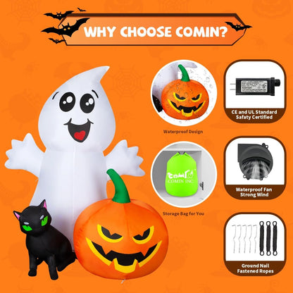 COMIN Halloween Inflatable 5FT Ghost with Black Cat and Pumpkin, Built-in LEDs Blow Up Yard Decoration for Party Outdoor Yard Garden Lawn