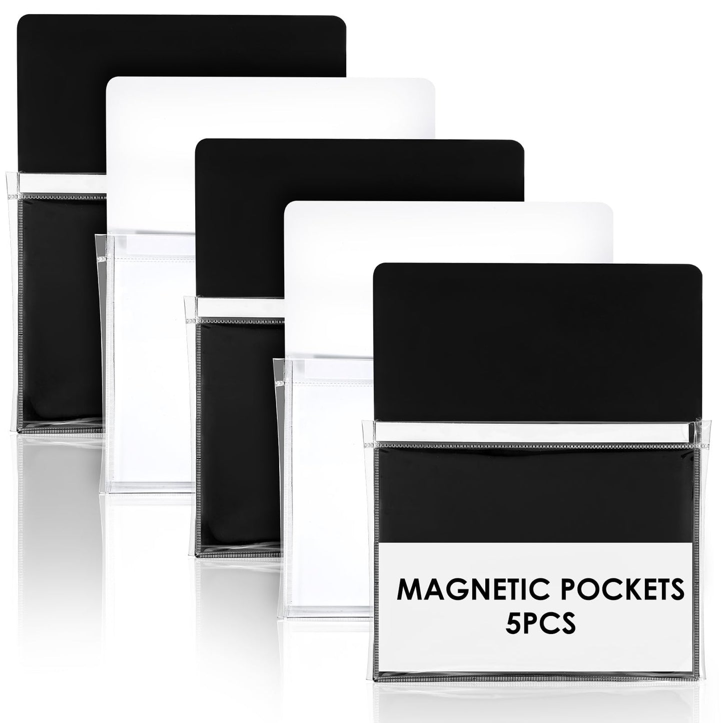 Tolare 5 Pcs Magnetic Pockets for Whiteboard & Fridge, Magnetic File Holder Organizer Set with Magnet Backing, 12 x 9.5 Inch Clear Storage Pouches for Documents Notes Tools (Black & White)