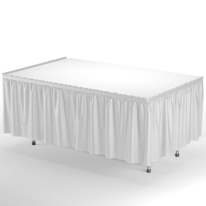 Exquisite White Table Skirt 6 Pack - Disposable Plastic Table Skirts for Rectangle Tables 6ft 8ft & Round Tables - 29in x 14ft Self-Adhesive Strip - Birthday Wedding Gender Reveal Decor