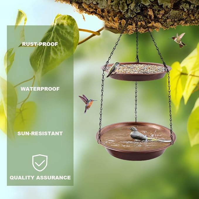 Hanging Bird Bath for Outdoor, 2-in-1 Antique Copper Metal Bird Feeder&Birdbath Bowls with 23" Rust-Proof Black Chains Backyard Birdbath Garden Decor