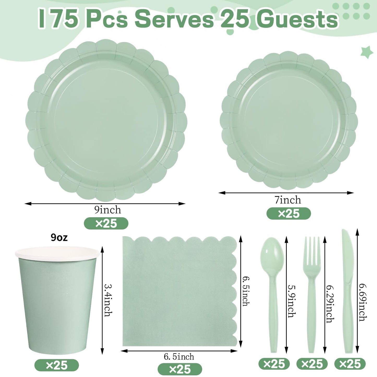 Xiangqu 175 Pcs Sage Green Paper Plates and Napkins, Sage Green Party Supplies Include Green Scalloped Plate Paper Napkin Cup Plastic Cutlery for Baby Shower, Wedding, Birthday