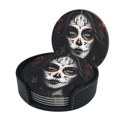 Sugar Skull Coasters with Holder Leather Coasters for Drinks Set of 6 Funny Halloween Drink Coasters Sets for Living Room Kitchen Coffee Bar Holiday Decor