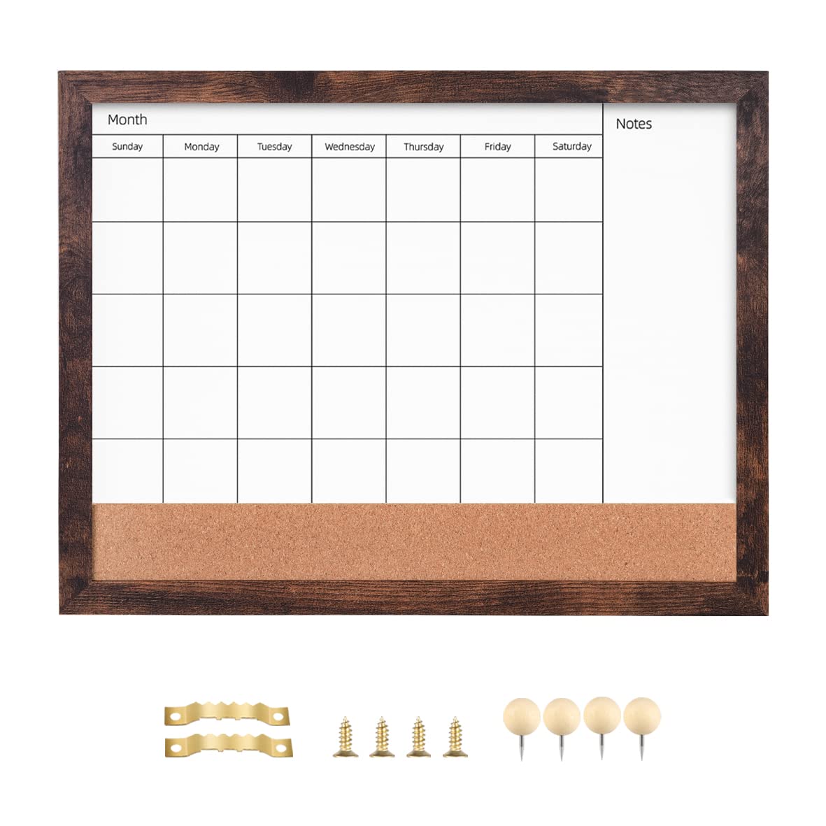 Dry Erase Calendar Whiteboard for Wall, 13" x 17" Small Combination Magnetic Dry Erase White Board & Bulletin Board, Walnut Brown Frame Calendar/Cork Combo Board(WB-3343-B)