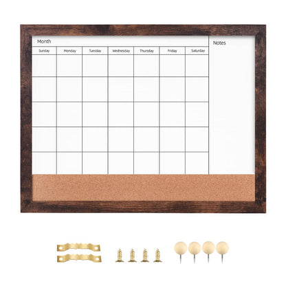 Dry Erase Calendar Whiteboard for Wall, 13" x 17" Small Combination Magnetic Dry Erase White Board & Bulletin Board, Walnut Brown Frame Calendar/Cork Combo Board(WB-3343-B)
