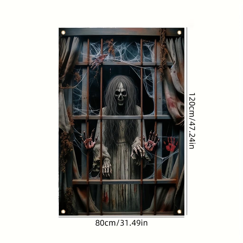 Tomhong Halloween Window Cover 31x47 Inch Scary Skeleton Ghost Window Banner HauntedHouse Decoration Bloody Hands Cobwebs Horror Indoor Outdoor Wall Spooky Party SeasonalDecor