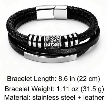 Kim Carrey Italian Handmade Genuine Leather Bracelets for Men Stainless Steel Clip, Men's Casual Genuine Multi-layer Cuff Bracelet, Bracelet Gift for Real Men (8.6" Viking)