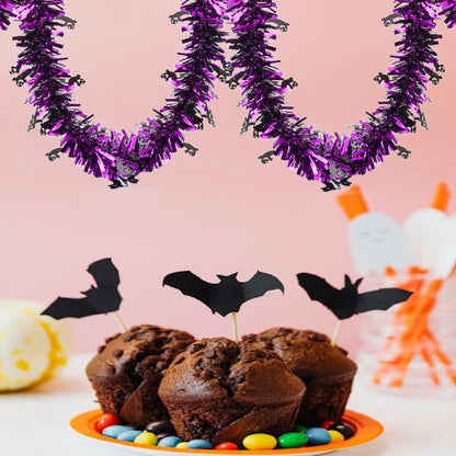 66 Ft Halloween Purple Tinsel Garland with Black Small Ghost Glitter Fluffy Tassel Twist Garland Hanging Decoration for Halloween Home Tree Ornaments Holiday Indoor Outdoor Party Decorations