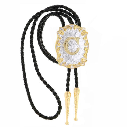 Fibbadet Bolo Tie for Men Initial Letters A-Z Bolo Tie Western Texas Rodeo Cowboy Golden Leather Necktie Necklace Costume Accessories for Husband Wife Halloween Christmas Wedding (C)