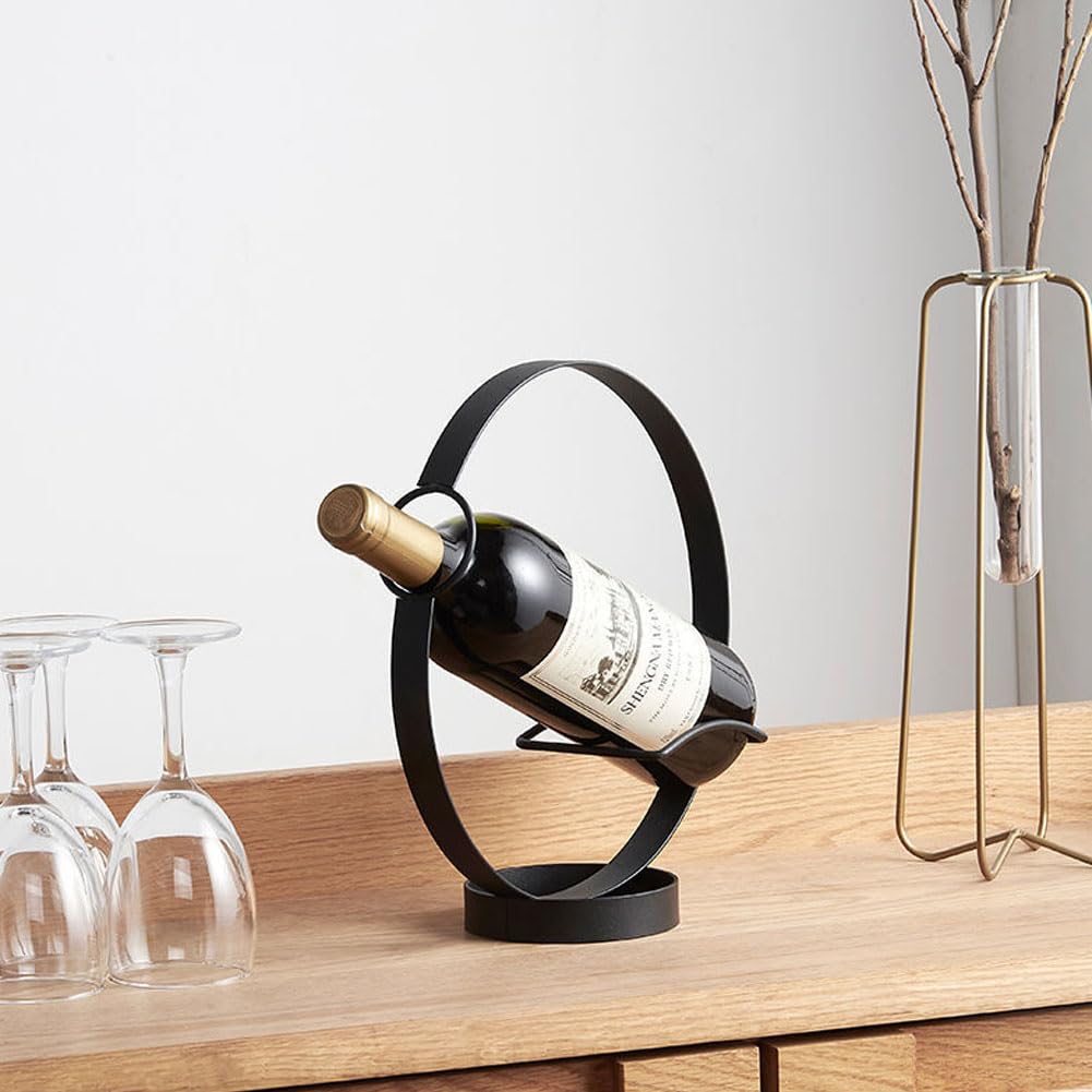 kaileyouxiangongsi Metal Single Tabletop Wine Rack – Freestanding Countertop Decorative Wine Bottle Holder, Unique Wine Gifts and Accessories for Wine Lovers (Black)