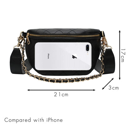 Leather Fanny Pack for Women Crossbody, Dressy Belt Bag with Gold Chain - Black Luxury Waist Purse(Black-2)
