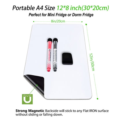 ANLIOTE Magnetic Dry Erase Board Fridge Whiteboard Sheet 12"x 8", Easy to Write and Clean, Small Refrigerator White Board for Home Kitchen Shopping List & to Do List, 2 Markers and Eraser with Magnets
