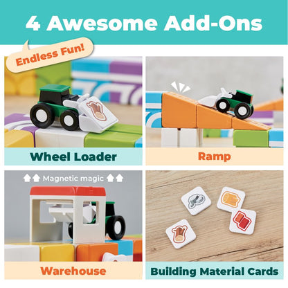 QBI Magnetic Blocks for Toddlers Ages 3+ | STEM Magnetic Block Tracks with Wheel Bulldozer & Tiles | 3D Colorful Magnet Building Blocks for Boys & Girls | Early Learning Sensory Toy – 21 Pieces