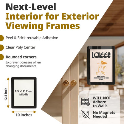 Fodeez Letter-Size 8.5 x 11 Adhesive Interior for Exterior Viewing Frames - Reusable Sticker Holder Display for Windows & Doors, Paper Holder, Dry Erase, Non Acylic & Non Magnetic - Black, Pack of 5
