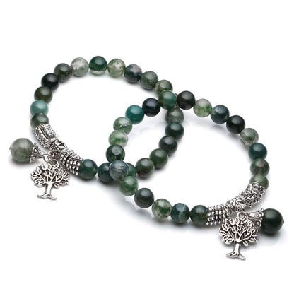 Jovivi 8MM Natural Moss Agate Gemstone Tree Life Lucky Charm Stretch Bracelet