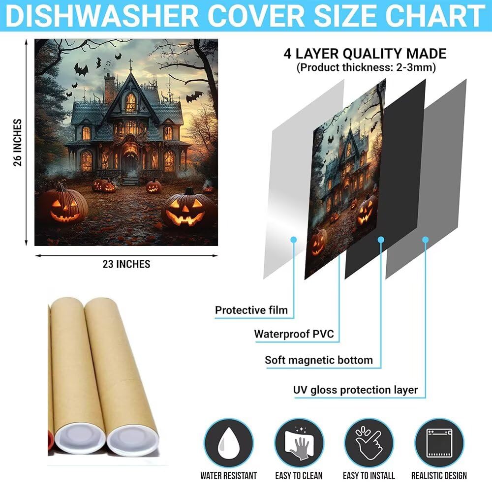 Haunted House Dishwasher Magnet Full Door Cover, Halloween Pumpkin Kitchen Decor Magnetic Dishwasher Cover Vinyl Decal, Happy Halloween Fridge Stickers Front Door Cover, Easy Update, 23Wx26H Inches