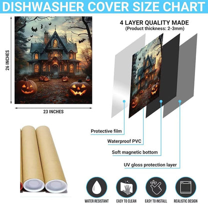 Haunted House Dishwasher Magnet Full Door Cover, Halloween Pumpkin Kitchen Decor Magnetic Dishwasher Cover Vinyl Decal, Happy Halloween Fridge Stickers Front Door Cover, Easy Update, 23Wx26H Inches