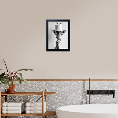 Bathroom Picture Wall Decor, Framed Black and White Bathroom Wall Art, Toilet Paper in Little Funny Raccoon's Hand Animal Canvas Print Painting