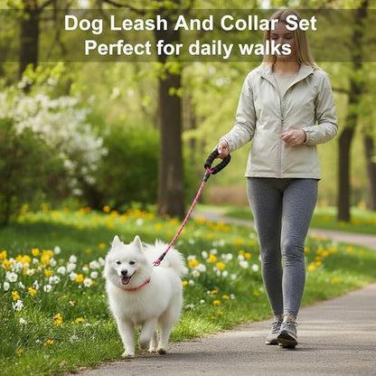 Dog Leash and Collar Set – 6 FT Strong Rope Leash with Padded Handle & Adjustable Nylon Collar Reflective for Small Medium Large Dogs (Pink, L)
