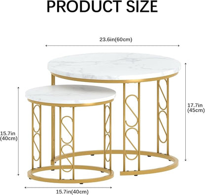 Garden 4 you Coffee Table Faux Marble Nesting Table for Small Place 2 Sets Modern Furniture Living Room Sets End Side Table Night Stand for Bed Room Dining Room (White & Gold)