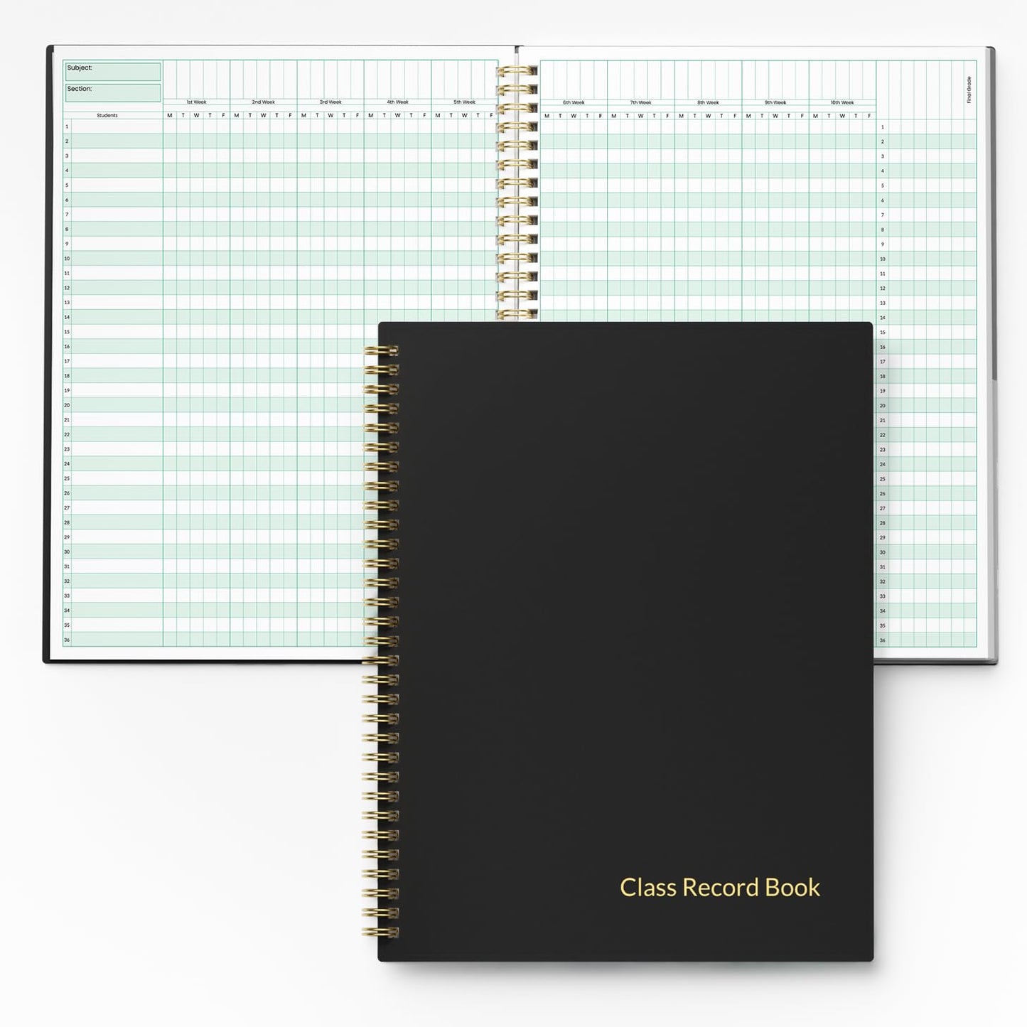 SUNEE Teacher Class Record Book for 9-10 weeks, 36 Names, 8.5x11 Inch, 104 Pages (52 Sheets), 100gsm Thick Paper, Larger Grade Recording up to 36 Students with Water-Resistant Plastic Cover, Black