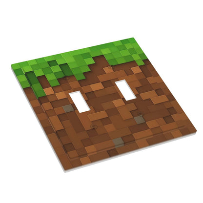 Pixel Style Gamer Themed Grass Block Decorative Switch Plates 2 Gang Double Toggle Outlet Light Switch Cover Wall Plate Electrical Faceplate for Kids Room Office Home Decor
