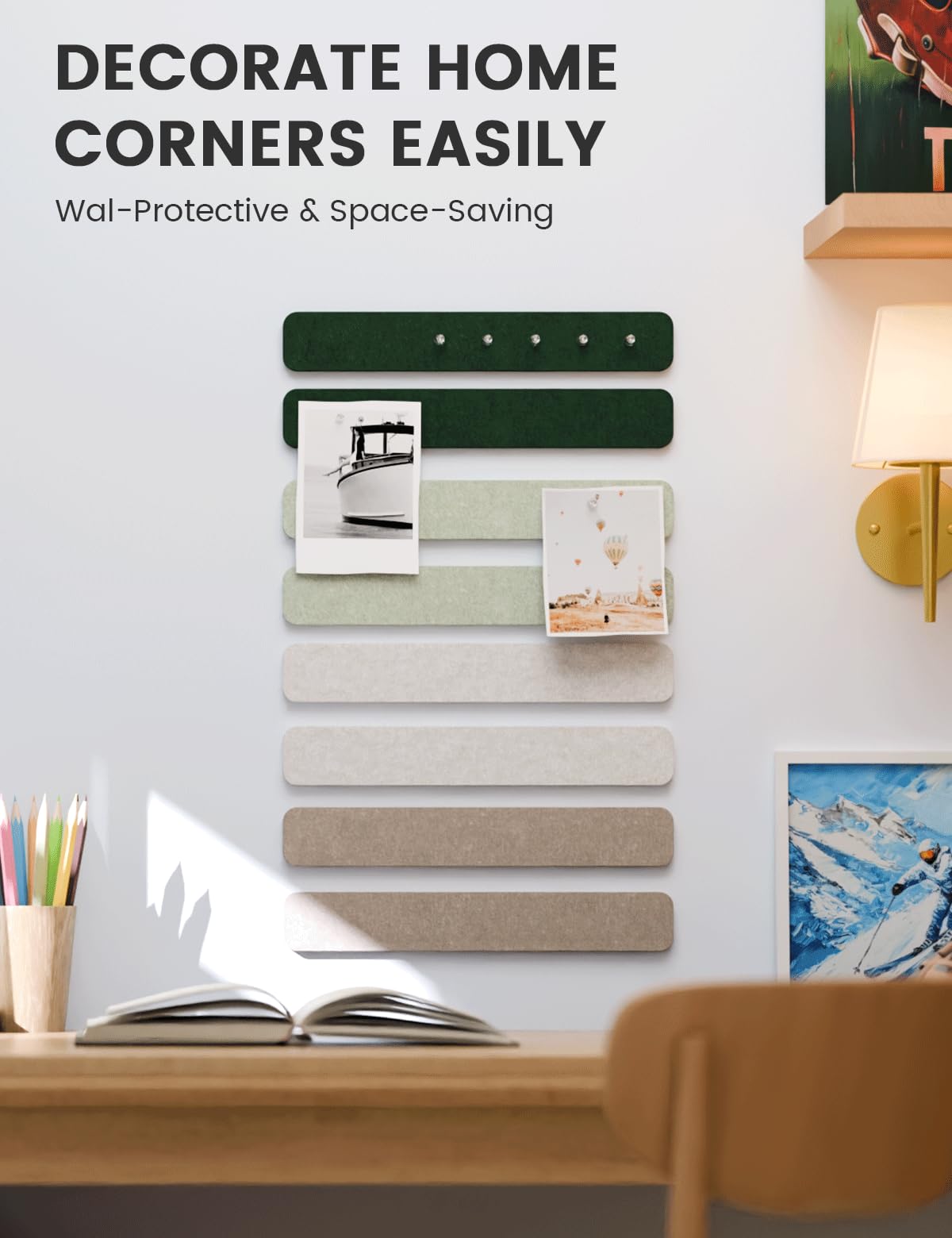 Fluxynara Cork Board Alternative Felt Strip Board 8-Pack 13"x2", Office Pin Board with 50 Push Pins, Adhesive Install for Bedroom Door & Home Office (Nordic Moss)