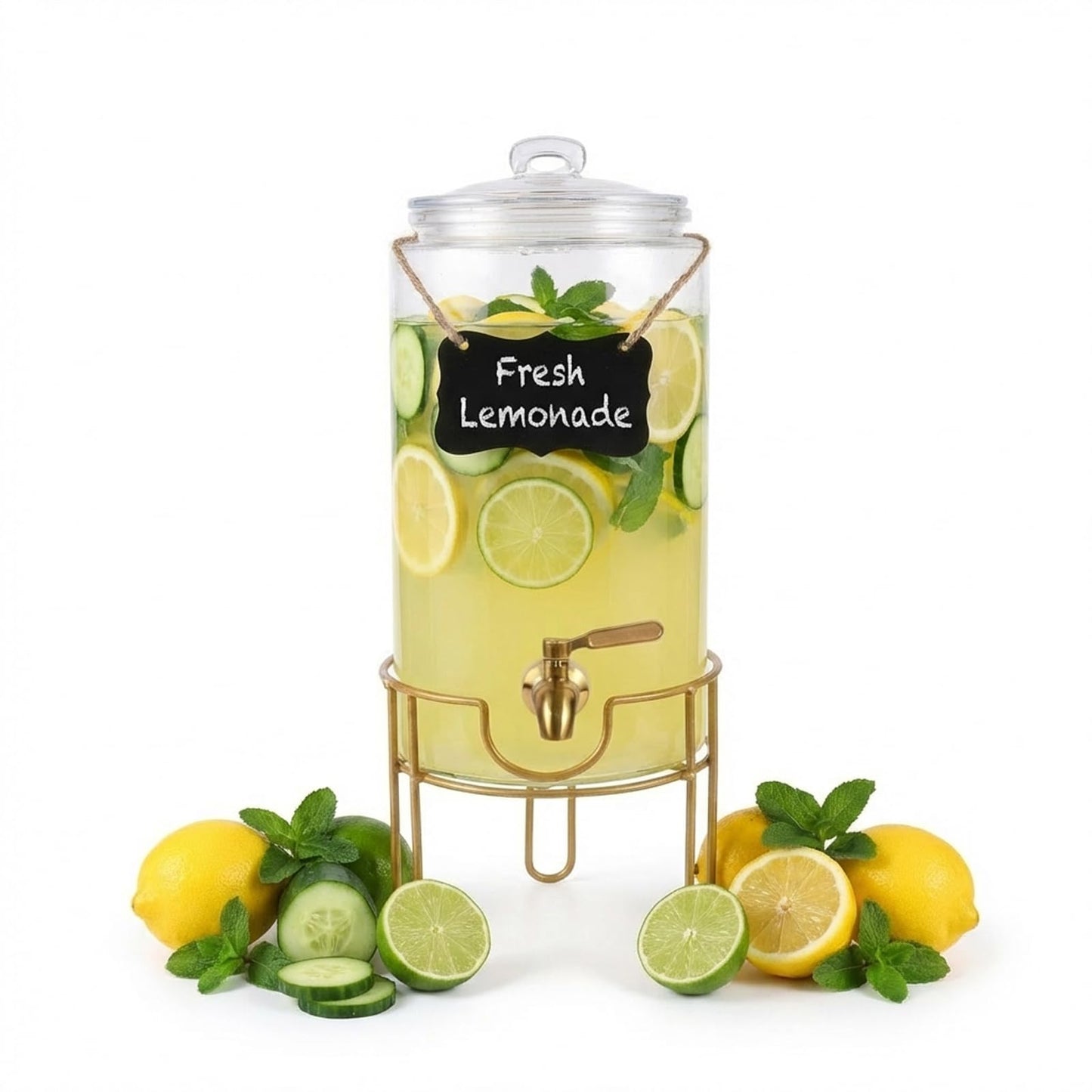 Drink Dispensers for Parties 1 Gallon, Bevarage Dispenser with Stand,Glass Drink Dispenser With Stainless Steel Spigot + Marker & Chalkboard, Ideal for Lemonade,Juice, Tea, and Party Drinks