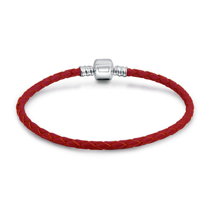 Bling Jewelry Genuine Red Braided Leather Bracelet - .925 Sterling Silver European Beads Charm Bracelet for Women